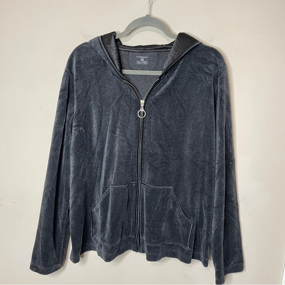 JONES NY SPORT Gray Velour Full Zip Hoodie Satin-Lined Hood, XL
